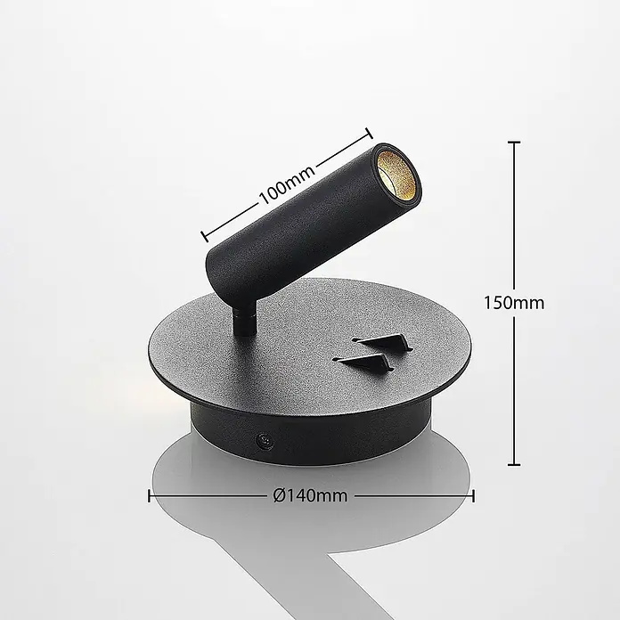 Lucande LED Wandleuchte innen in schwarz matt, Wandlampe -  - Matt schwarzer, verstellbarer Strahler mit goldenem Innenraum. Maße: 150mm H, 140mm Basis, 100mm Kopf.