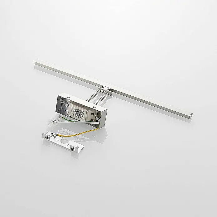 Lucande Wandleuchte Thibaud - alu / grau / zink - Zerlegte silberne gebürstete Metall-LED-Leuchte mit freiliegender Verkabelung und separater Halterung.