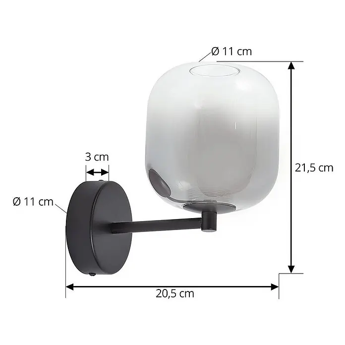 Lucande Wandleuchte Avelina - schwarz, alu / grau / zink - Schwarze Wandleuchte mit schlankem Arm und grau-weiß verlaufendem Glasschirm.