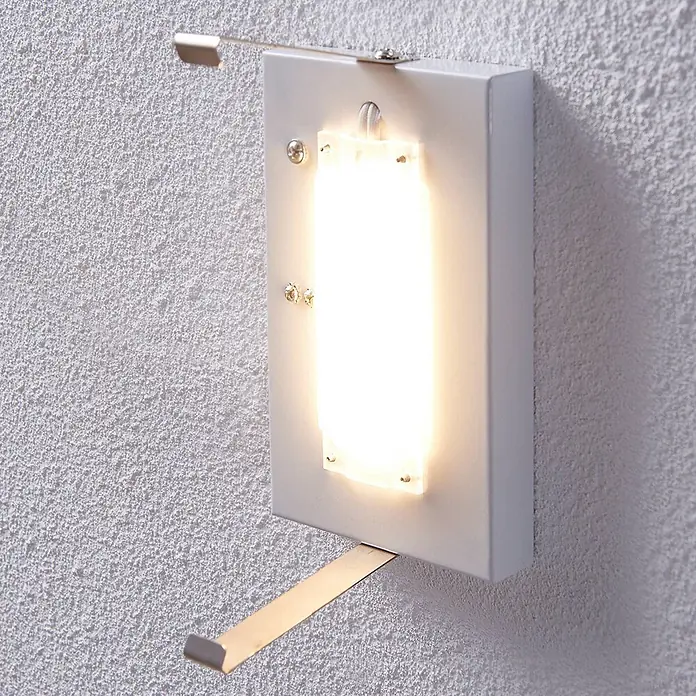 Lindby LED Wandleuchte innen in transparent satiniert, Wandlampe -  - Weiße, rechteckige Wandleuchte mit heller Mittelplatte und zwei dünnen Metallarmen oben und unten.
