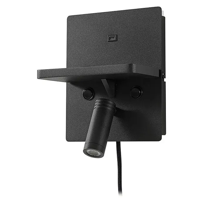 Lindby Wandleuchte Auden - schwarz, schwarz - Schwarze Wandleuchte mit Ablage, verstellbarem Leselicht und integriertem USB-C-Ladeanschluss.