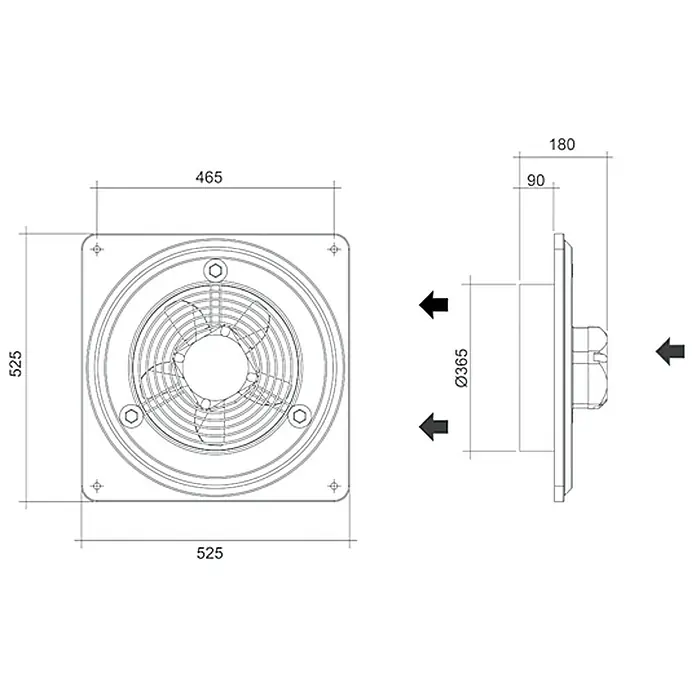 Air-Circle Außenwand-Ventilator Basic 350 - Grau, 36,5 cm, Luftleistung: 1.949 m³/h - Technische Zeichnung eines Abluftventilators mit den Maßen 525x525 mm, Ø365 mm und einer Tiefe von 180 mm.