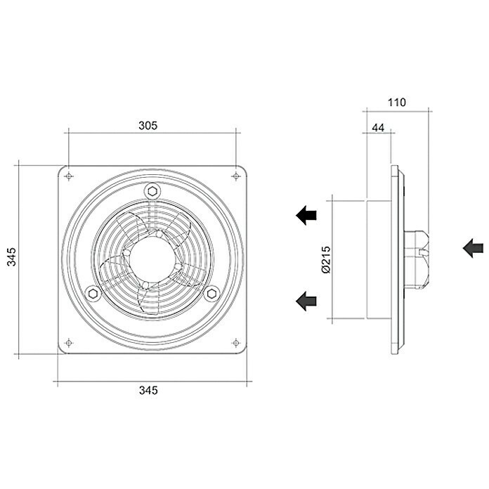 Air-Circle Außenwand-Ventilator Basic 200Durchmesser: 215 mm, Max. Luftleistung: 518 m³/h, Grau Front View