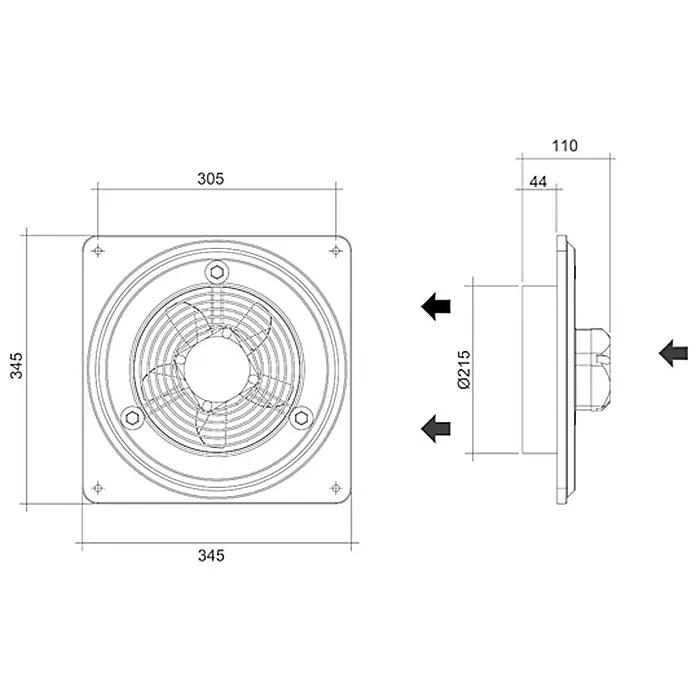Air-Circle Außenwand-Ventilator Basic 200 - Grau, 28,5 cm, Luftleistung: 518 m³/h - Technische Zeichnung eines Abluftventilators mit Größenangaben. Er ist quadratisch und hat einen runden Ventilator in der Mitte.