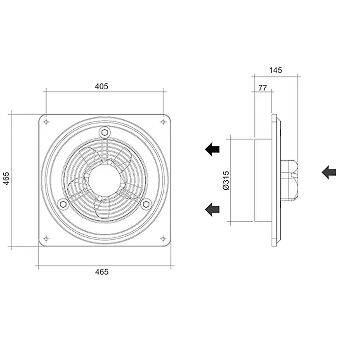 Air-Circle Außenwand-Ventilator Basic 300 - Grau, 38,5 cm, Luftleistung: 1.382 m³/h - Technische Zeichnung eines quadratischen Abluftventilators mit Bemaßungen, Seitenansicht und Draufsicht.