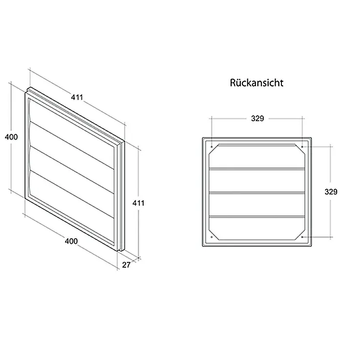 Air-Circle Jalousieklappe FS 14 - Passend für: Außenwand-Ventilator Basic 200 - Technische Zeichnung eines quadratischen Zuluftgitters mit Größenangaben. Die Skizze zeigt die Vorder- und Rückansicht des Gitters.