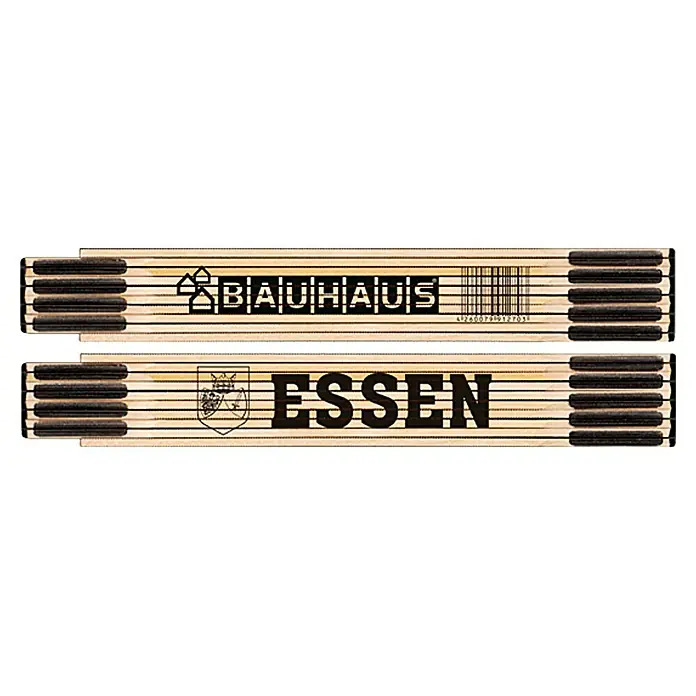 BAUHAUS Zollstock - Essen, 2 m - Zwei Gliedermaßstäbe, einer mit dem Logo von Bauhaus und Barcode, der andere mit dem Wappen und dem Schriftzug von Essen.