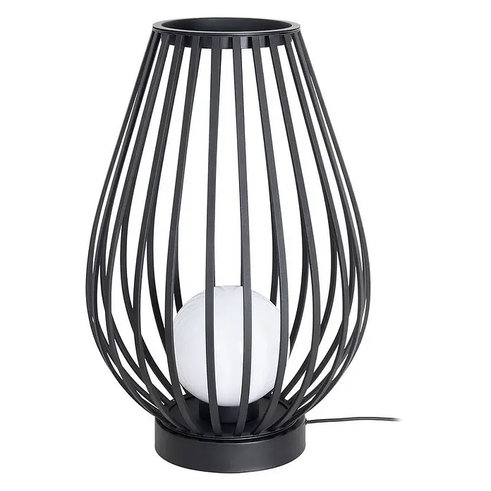 Lucande Außenstehleuchte Marrin -  - Moderne schwarze Metall-Tischleuchte mit offenem Käfigdesign und weißer Kugellampe.