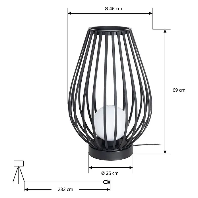 Lucande Stehlampe Outdoor in schwarz, weiß, Stehleuchte Garten -  - Schwarze Metallkäfig-Tischleuchte mit weißer Kugelbirne, inklusive Abmessungen.