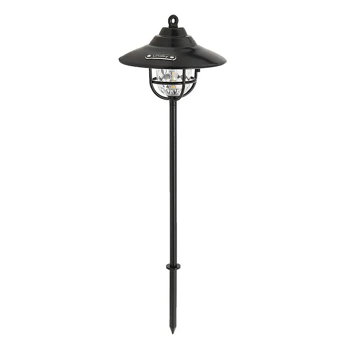 Lindby LED Hängelampe außen in schwarz, dimmbar Pendelleuchte aussen -  - Schwarze Metall-Gartenwegleuchte mit schirmförmigem Lampenschirm, transparentem, gemustertem LED-Gehäuse und Erdspieß.