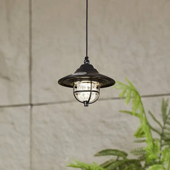 Lindby LED Hängelampe außen in schwarz, dimmbar Pendelleuchte aussen -  - Schwarze Außenhängeleuchte aus Metall mit klarem Gitterglas, an einem Seil hängend.
