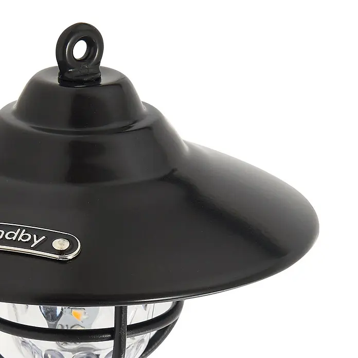 Lindby LED Hängelampe außen in schwarz, dimmbar Pendelleuchte aussen -  - Schwarze Metalllaterne mit Aufhängeöse und teilweisem 'ndby'-Etikett, zeigt strukturiertes klares Lichthaus.