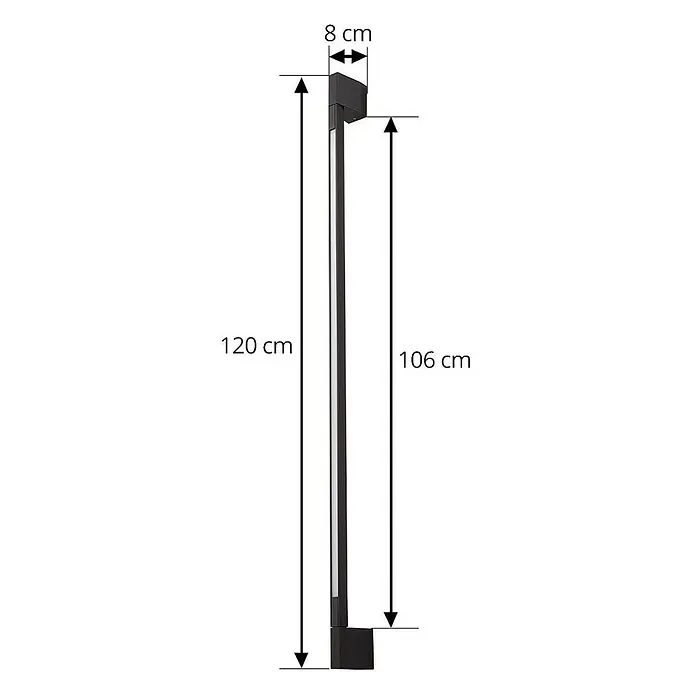 Lindby Außenwandleuchte Neano - schwarz, IP54 - Schwarze lineare Außenleuchte mit integriertem Lichtstreifen und Maßen (120cm, 106cm Höhe, 8cm Tiefe).