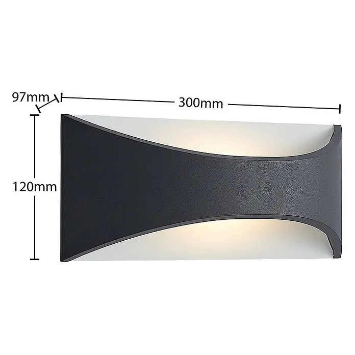 Lindby LED Wandleuchte aussen in anthrazit, weiß, Aussenlampe Wand -  - Anthrazitfarbene, geschwungene Wandleuchte, 300x120x97mm, spendet Umgebungslicht nach oben und unten.