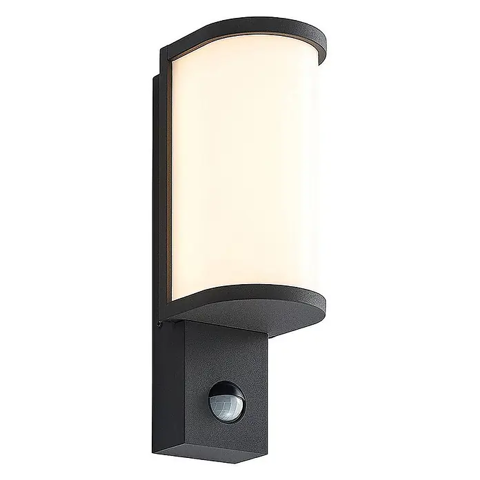 Lucande LED Wandleuchte aussen in graphit, weiß, mit Bewegungsmelder, -  - Dunkelgraue, texturierte Außenwandleuchte mit gebogenem, opalen Diffusor und integriertem Bewegungsmelder.