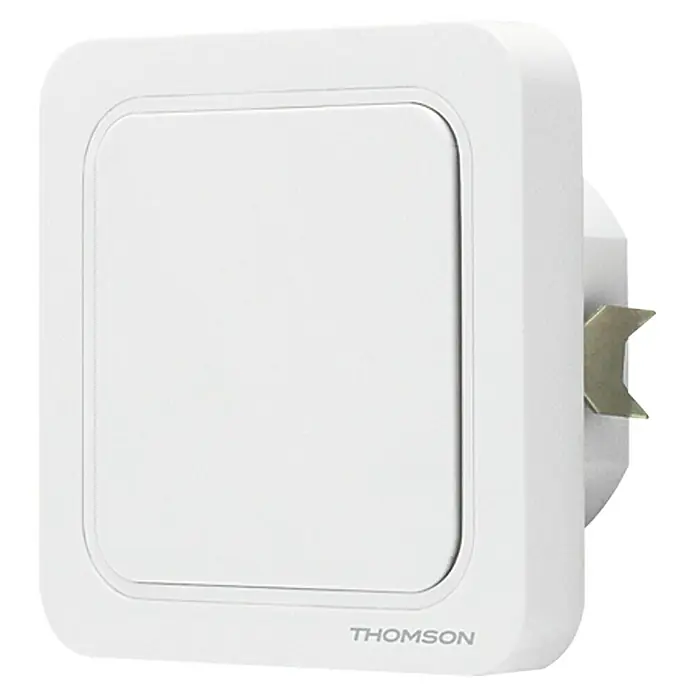 Thomson Funkschalter - Smarte Steuerung: App + Gateway Thombox, Unterputz, 300 W, Reichweite Funk: 150 m - Weißer Thomson Lichtschalter mit quadratischer Form und abgerundeten Kanten für die Wandmontage, für eine moderne Raumgestaltung.
