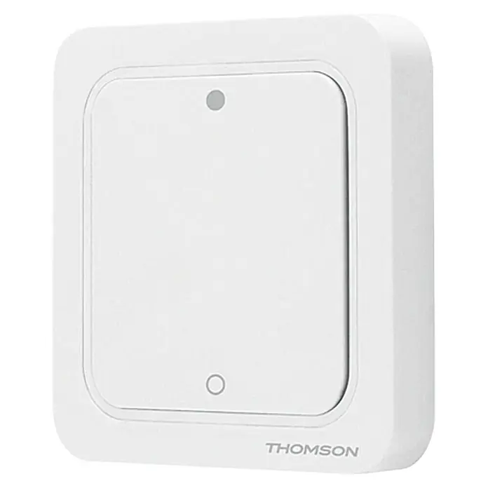 Thomson Wandfernbedienung - Aufputz, Batteriebetrieben, Reichweite Funk: 150 m - Weiße Thomson-Smart Home-Steuerung zur Hausautomation mit Knopf, LED-Anzeige und abgerundeten Ecken.