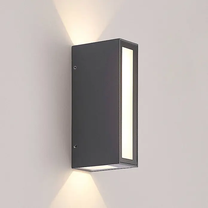 PRIOS LED Wandleuchte aussen in dunkelgrau, Aussenlampe Wand -  - Anthrazitfarbene, rechteckige Wandleuchte mit Auf-/Ab- und vertikaler Frontstreifenbeleuchtung.