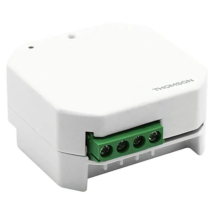 Thomson Mikromodul-Empfänger - Smarte Steuerung: App + Gateway Thombox, Geeignet für: Be- und Entlüftungsanlagen, 500 W, 150 m - Nahaufnahme eines Thomson-Hausautomationsgeräts mit grüner Anschlussleiste.