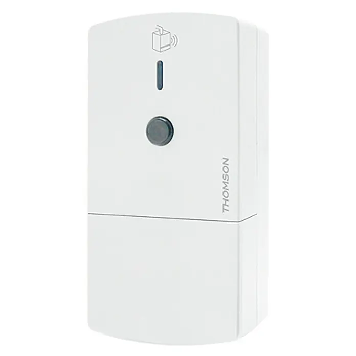Thomson Funk-Empfangsmodul - Smarte Steuerung: App + Gateway Thombox, Geeignet für: Heizkessel, 3.680 W, Reichweite Funk: 150 m - Nahaufnahme eines weißen Thomson-Produkts, möglicherweise ein Sensor oder ein Smart-Home-Gerät, mit Knopf und Logo.