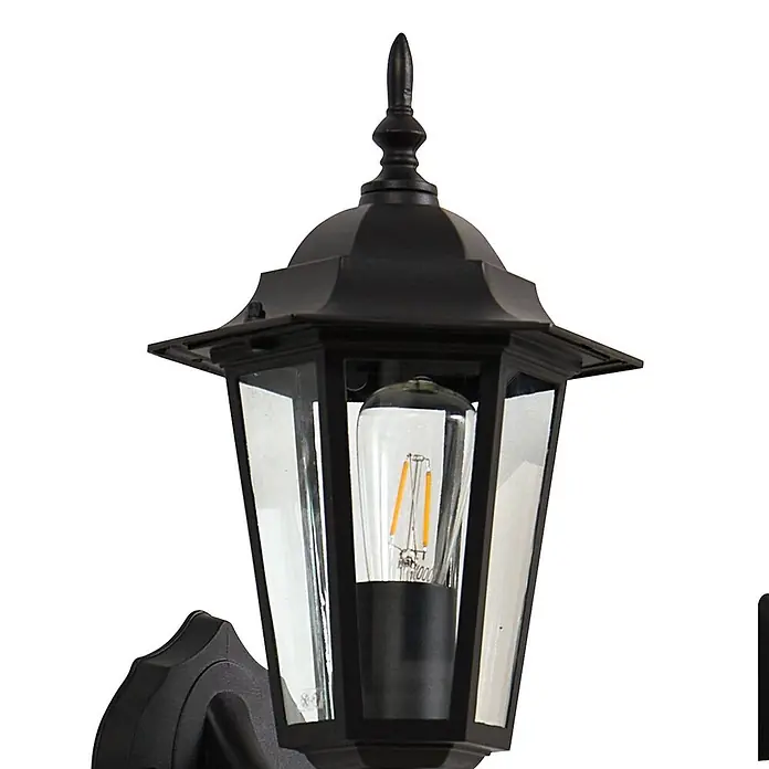 Lindby LED Solar Wandleuchte aussen in schwarz, Aussenlampe Wand -  - Schwarze Außenwandleuchte mit klaren Glasscheiben und LED-Filamentbirne.