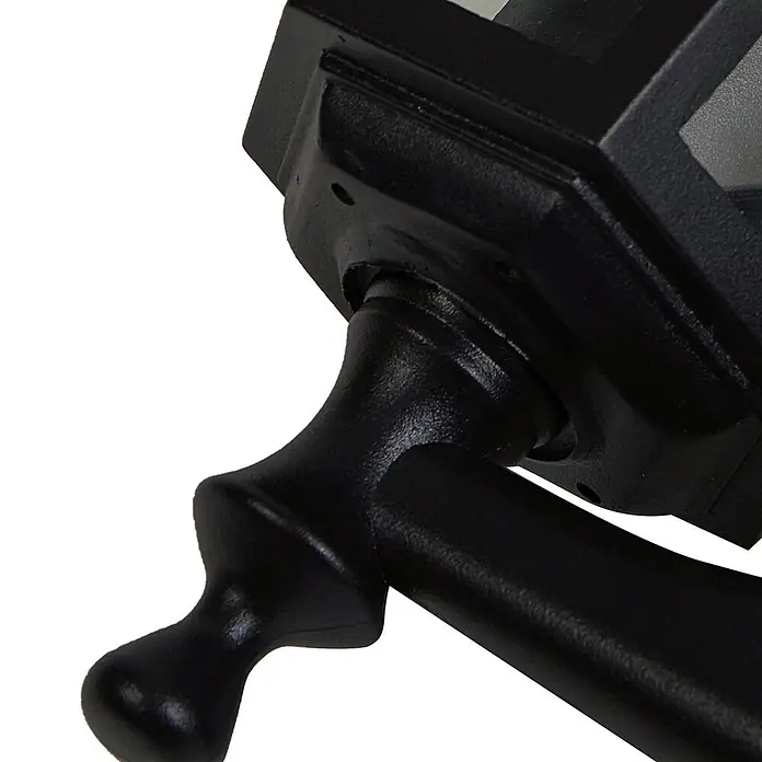 Lindby LED Solar Wandleuchte aussen in schwarz, Aussenlampe Wand -  - Schwarzer, strukturierter Metall-Laternenmastarm mit dekorativem, geschwungenem Design, von sechseckiger Basis ausgehend.