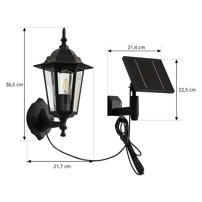 Lindby LED Solar Wandleuchte aussen in schwarz, Aussenlampe Wand -  - Schwarze Solar-Außenwandleuchte im klassischen Laternen-Design mit separatem Solarmodul und Kabel.