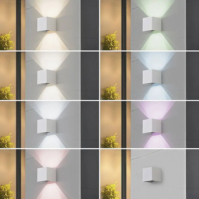 Lindby LED Wandleuchte aussen Smart Home in weiß, dimmbar Aussenlampe Wand -  - Weiße kubische Wandleuchte wirft bidirektionales Licht in verschiedenen Farben.