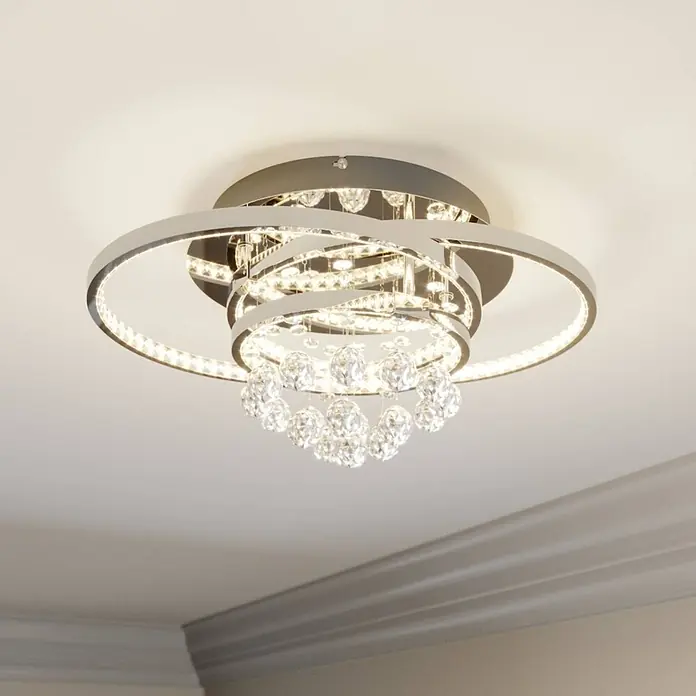 Lucande LED Deckenlampe Kristall dimmbar, Wohnzimmerlampe, Esszimmerlampe -  - Moderne Chrom-LED-Deckenleuchte mit verschlungenen Ringen und Kristallkugeln.