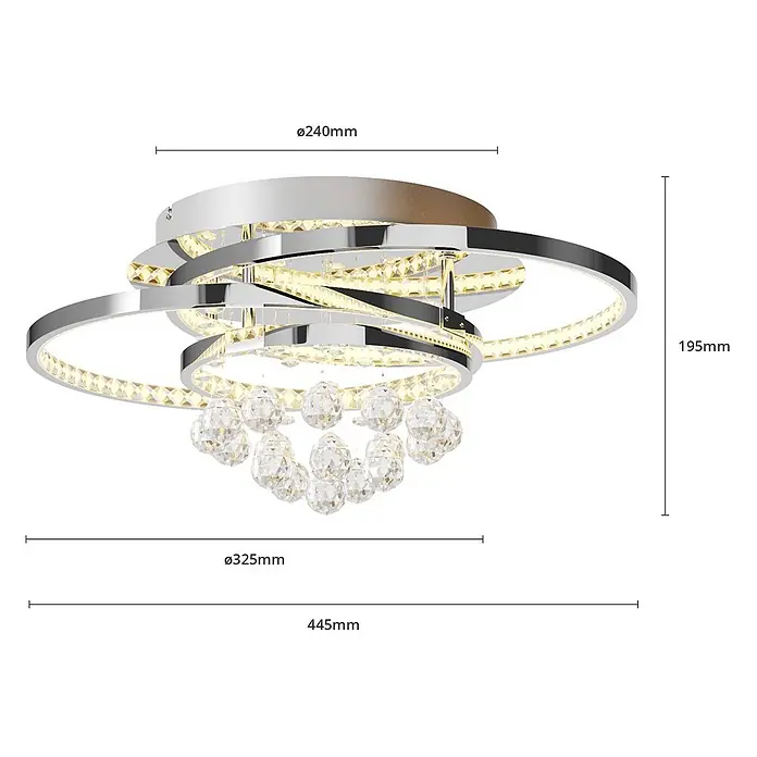 Lucande LED Deckenlampe Kristall dimmbar, Wohnzimmerlampe, Esszimmerlampe -  - Elegante Deckenleuchte aus Chrom mit mehreren geschwungenen Ringen, integrierten Kristallakzenten und hängenden Kristallkugeln.