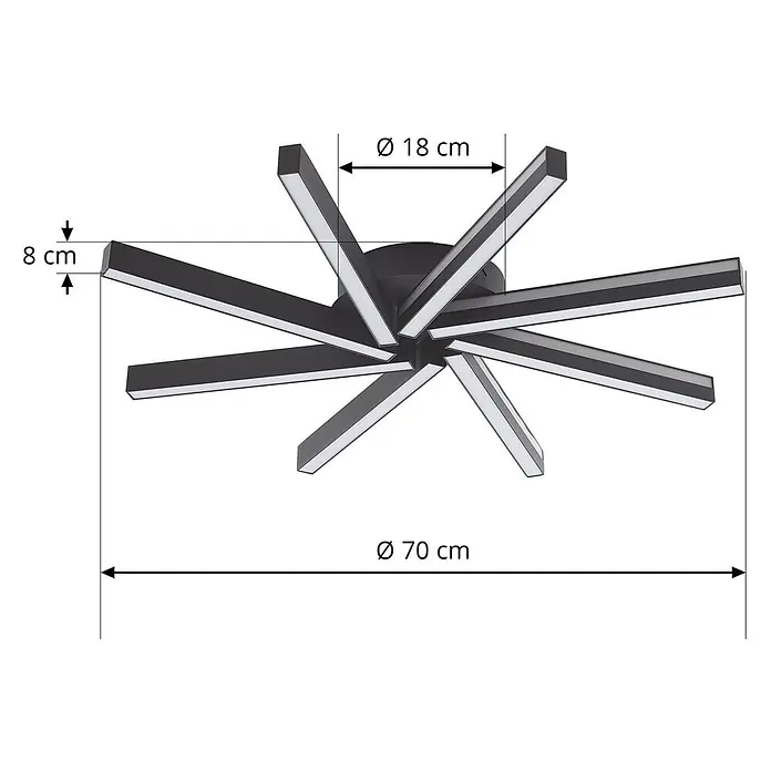Lucande LED Deckenlampe dimmbar, RGB Backlight, Fernbedienung -  - Moderne schwarze sternförmige Deckenlampe mit weißen Diffusoren; Gesamt-Ø 70 cm, Höhe 8 cm, Mittelteil-Ø 18 cm.