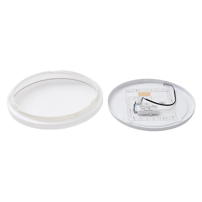 Lindby LED Deckenlampe in weiß, chrom, Deckenleuchte rund -  - Weiße runde LED-Deckenleuchte, zerlegt gezeigt mit transluzentem Diffusor und Basis mit LED-Platine und Treiber.