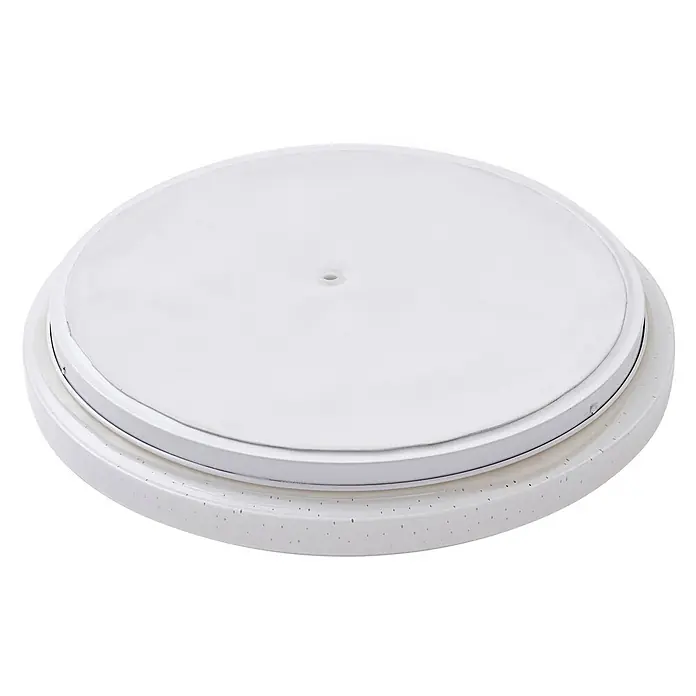 Lindby LED Deckenlampe in weiß, chrom, Deckenleuchte rund -  - Weiße runde Basis mit gesprenkeltem Unterrand und glatter Oberseite mit zentralem Loch.