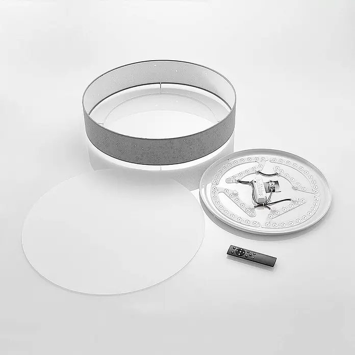 Lindby Deckenleuchte Ellamina - alu / grau / zink - Demontierte runde LED-Deckenleuchte mit grauem Sternenmuster-Schirm, weißem Diffusor, LED-Basis und Fernbedienung.