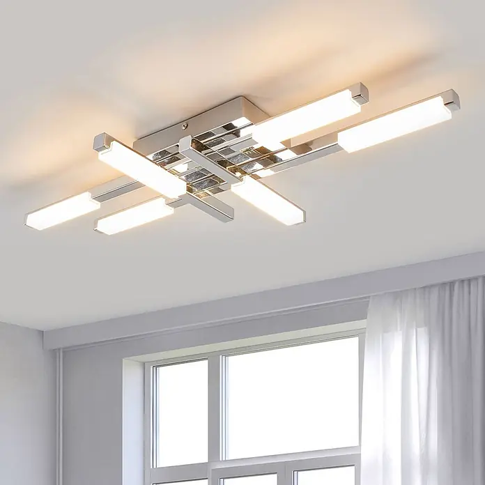 Lindby LED Deckenlampe in weiß, chrom, Deckenleuchte -  - Moderne Deckenleuchte aus Chrom mit linearen LED-Balken beleuchtet einen Raum.