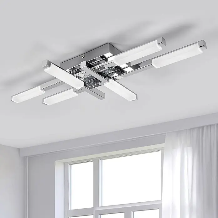 Lindby LED Deckenlampe in weiß, chrom, Deckenleuchte -  - Moderne, verchromte LED-Deckenleuchte mit mehreren rechteckigen weißen Lichtbalken, an Decke über Fenster montiert.