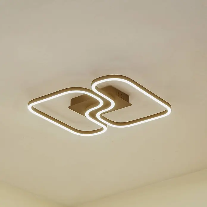Lucande Deckenleuchte Amiya - schwarz - Moderne beige LED-Deckenleuchte mit zwei beleuchteten, ineinandergreifenden Wellenquadratrahmen.