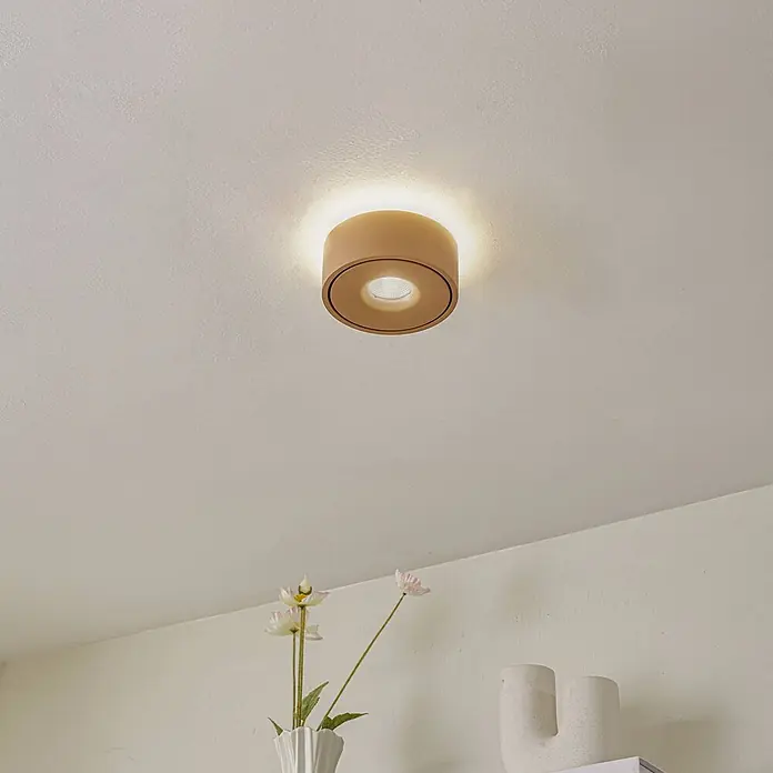 Arcchio Deckenleuchte Rotari - braun / rost, braun / rost - Runde, beige Deckenleuchte mit zentralem Strahler, die ein warmes Licht nach oben und unten abgibt.