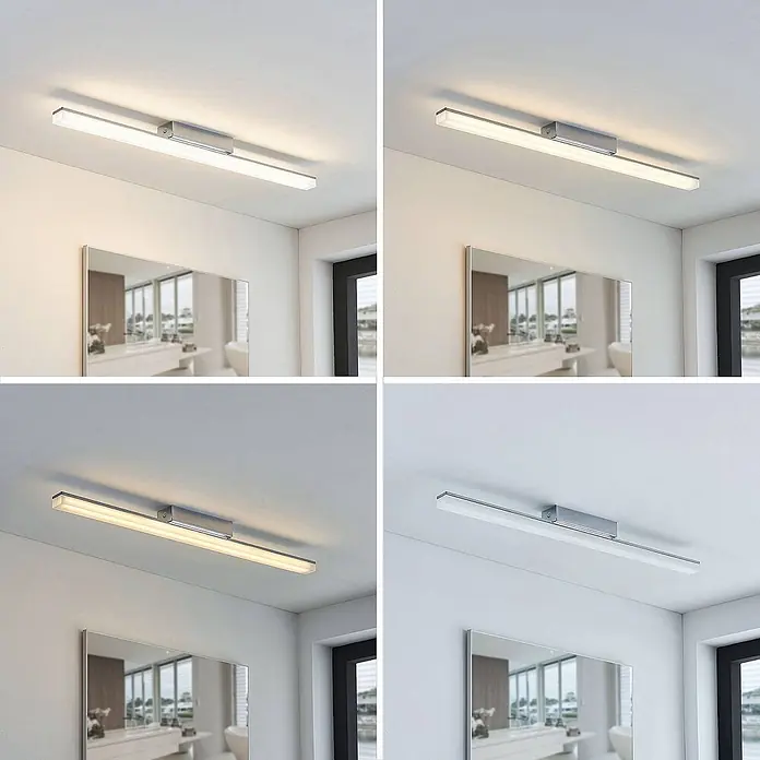 Lindby LED Deckenlampe in weiß, chrom, Deckenleuchte -  - Verchromte LED-Spiegelleuchte über einem Spiegel, zeigt verschiedene Weißlichttemperaturen.