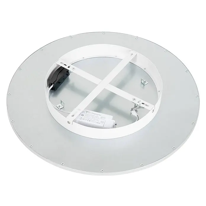Lindby LED Deckenlampe in silber, Deckenleuchte rund -  - Rückseite einer runden LED-Deckenleuchte mit silberner Metallbasis, weißem Montagrahmen, LED-Netzteil und Verkabelung.