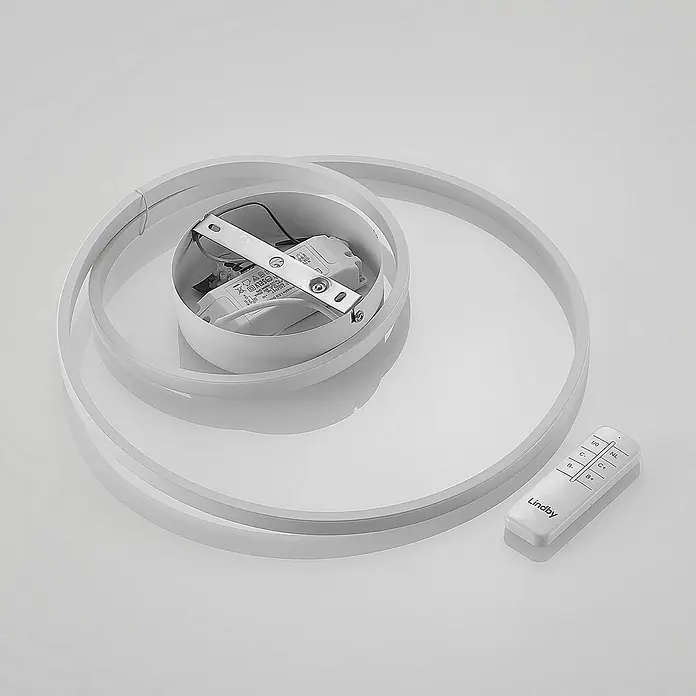 Lindby LED Deckenlampe in weiß matt, dimmbar Deckenleuchte -  - Weiße kreisförmige LED-Deckenleuchte mit sichtbarem Treiber und Fernbedienung.