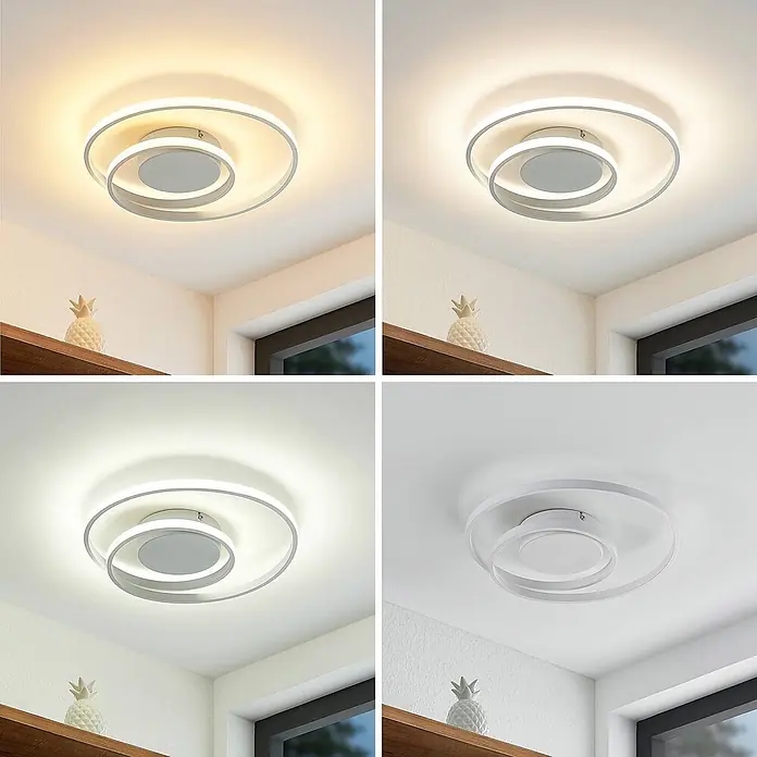 Lindby LED Deckenlampe in weiß matt, dimmbar Deckenleuchte -  - Moderne LED-Deckenleuchte mit silber-grauen Ringen, in Warm-, Neutral-, Kaltweißlicht und ausgeschaltet gezeigt.