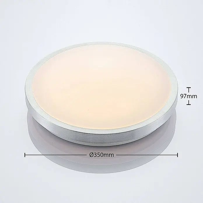 Lindby LED Deckenlampe in aluminium, weiß, Deckenleuchte rund -  - Runde LED-Deckenleuchte mit gebürstetem Aluminiumrahmen und weißem Diffusor, ø 350mm, H 97mm.