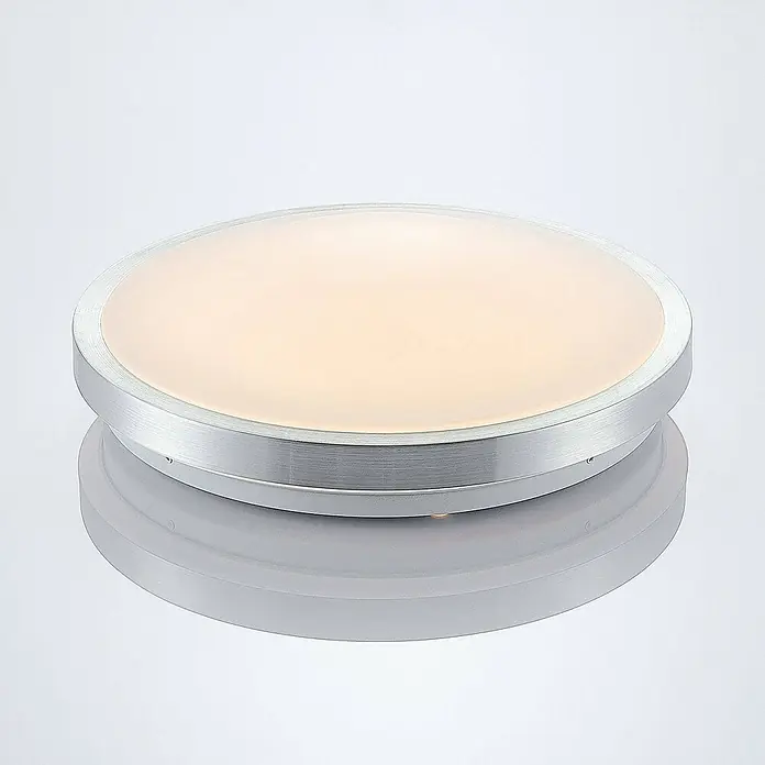 Lindby LED Deckenlampe in aluminium, weiß, Deckenleuchte rund -  - Runde LED-Deckenleuchte mit gebürstetem Metallrahmen in Silber und matter Abdeckung, strahlt warmweißes Licht ab.