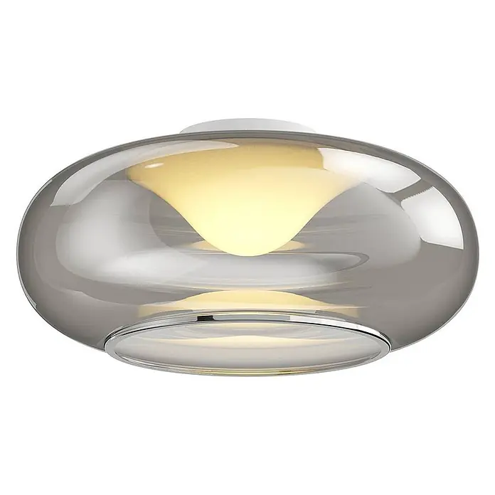 Lucande Deckenleuchte Mijo - alu / grau / zink - Moderne Deckenleuchte mit Rauchglas und warmweiß leuchtendem Innendiffusor, mit einem Chromring veredelt.