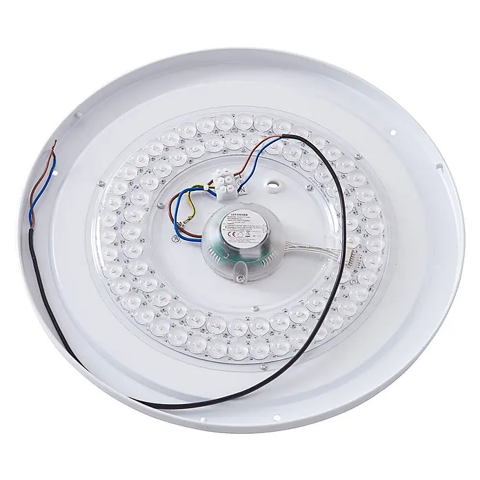 Lindby Deckenleuchte Swaran - schwarz - Runde weiße LED-Deckenleuchte (Rückansicht) mit freiliegender kreisförmiger LED-Anordnung und zentralem Treiber.