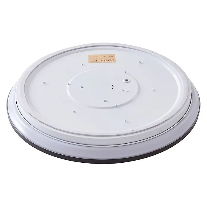 Lindby Deckenleuchte Swaran - schwarz - Unterseite einer runden weißen und grauen LED-Deckenleuchte mit Montagepunkten und Produktetikett.