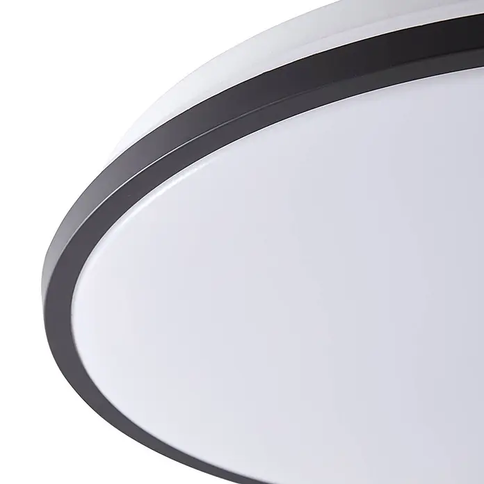 Lindby Deckenleuchte Swaran - schwarz - Runde, flache Deckenleuchte mit weißem Diffusor und dunkelgrauem Rand.