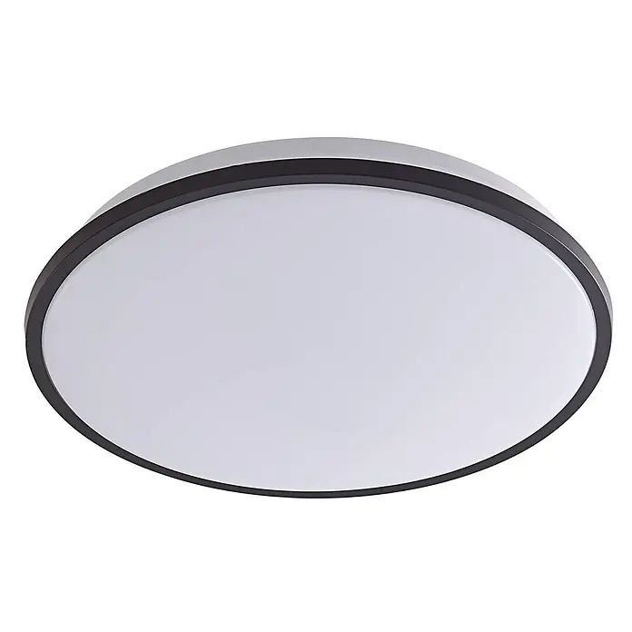 Lindby Deckenleuchte Swaran - schwarz - Runde Deckenleuchte mit dunklem Rahmen und weißer Abdeckung.
