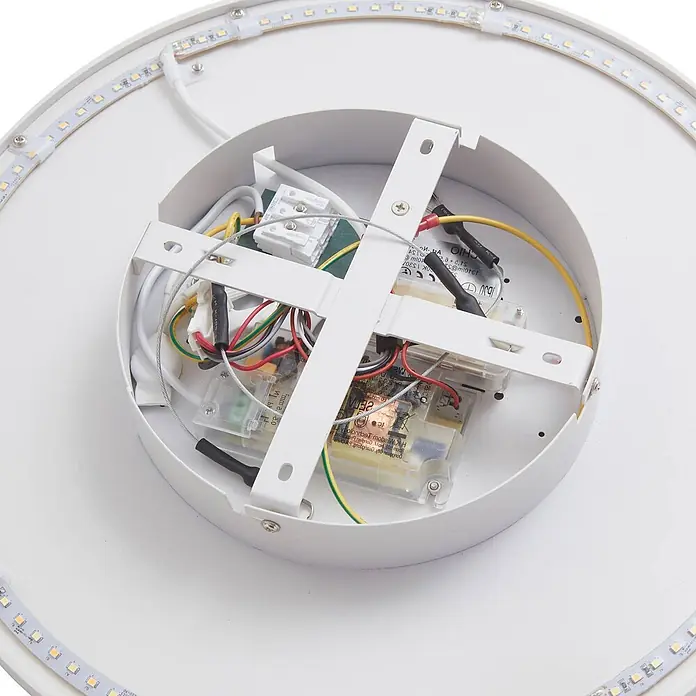 Arcchio LED Deckenlampe in weiß, dimmbar Deckenleuchte rund -  - Innenansicht einer runden weißen LED-Deckenleuchte, mit LED-Streifen, Verkabelung und Netzteilen.